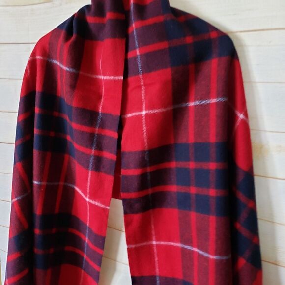 J. Crew 100% Wool Fringe Tartan Plaid Wrap Blanket Scarf Red Blue White 82"x 25" - Picture 3 of 5